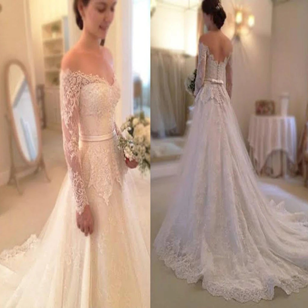 Off shoulder lace long sleeve wedding dress